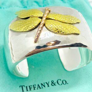Rare Tiffany & Co Sterling Silver & 18K Gold Dragonfly Cuff Bracelet 6.5"